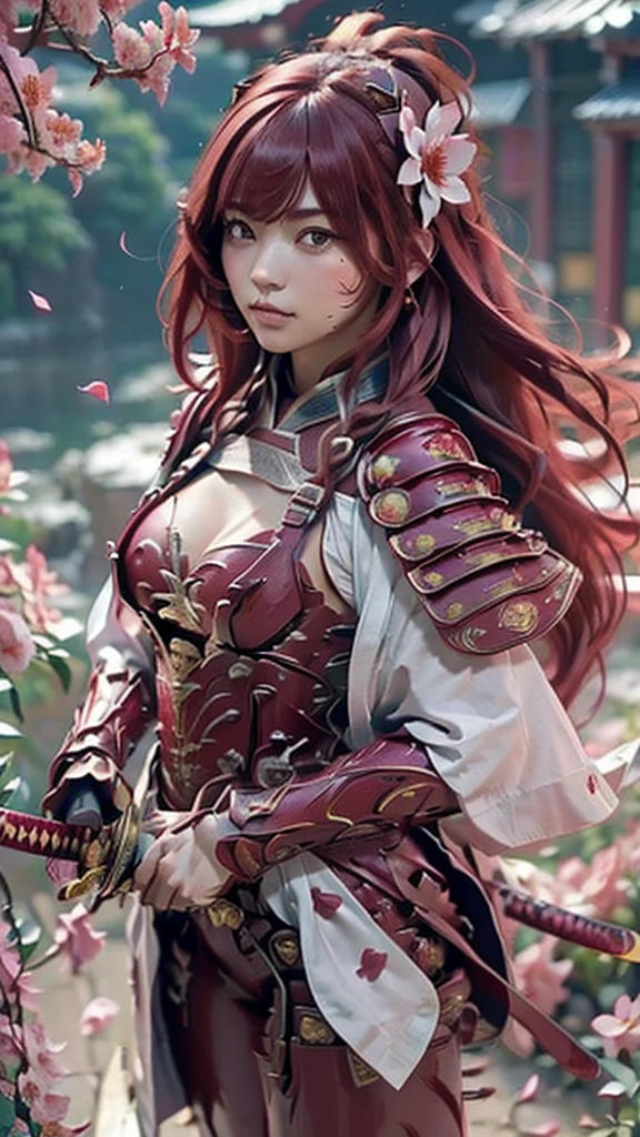 A sexy female character wearing red armor as a warrior from the Warring States period、((realistic))、((Medium long hair))、((Cherry red hair))、((toned body))、(glistening skin)、 tight body、((mega breasts 1.8))、 plump breasts 、 plump thighs 、 The red armor with the Satsuki flower pattern engraved on it is bikini type and is designed to accentuate chest exposure、( Wearing a cape with azalea flower pattern)、garter skirt、White shin guards engraved with azalea flowers、Red high-cut underwear、Red tights、 absolute domain、((from above, upper body, looking down))、(holding katana)、Dramatic lighting、Brilliant sunrise、 on top of the hill、((Azalea flowers in full bloom are blooming in the background))、((Large azalea flowers in full bloom are blooming on the front))、 cinema-like scene 、((Background Japanese Satuki azalea)) 、((foreground Japanese Satuki azalea))、 Max Image、 Ultra High Definition、8k、masterpiece、crisp quality、