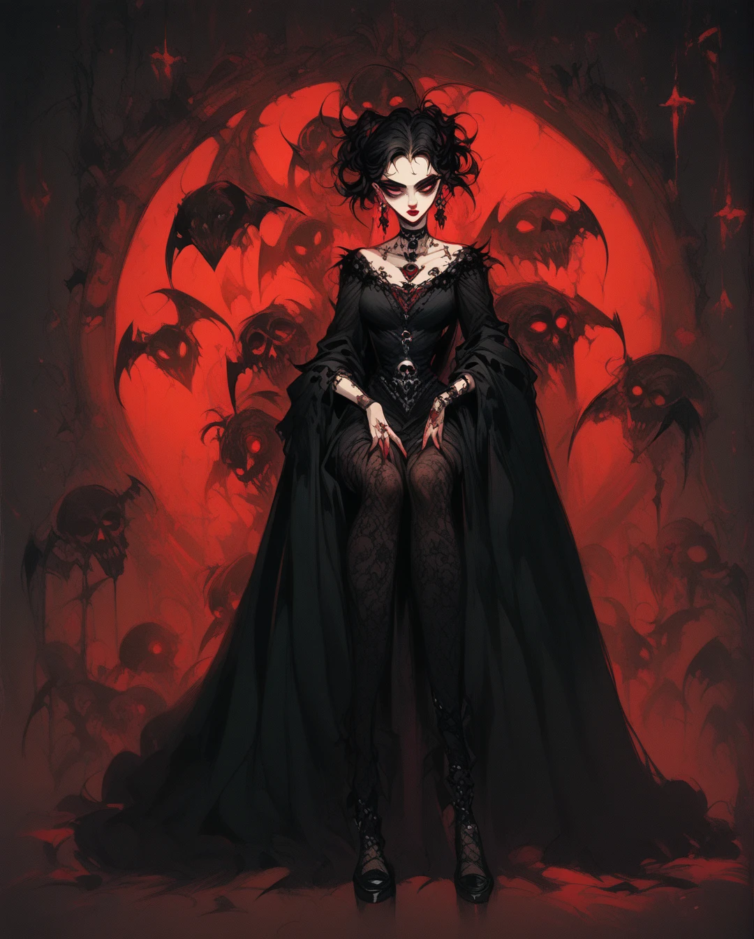  A full body ,  high-resolution anime-style of a melancholic woman (Detailed), thin face,He has a bird in his hands,  deep red lips , gothic fashion, skulls.  With dramatic lighting and dynamic composition . Light-dark 