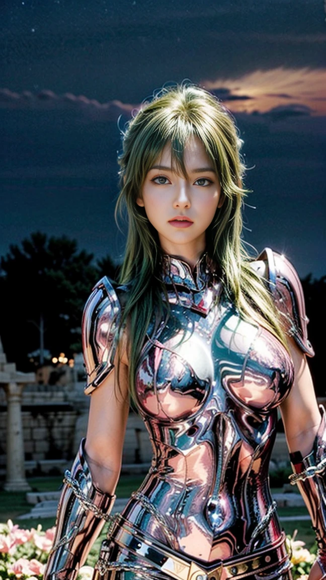 masterpiece, best quality, 超high resolution, Lifelike skin texture, armature, lifelike, high resolution, original photo, shiny skin, Lifelike skin texture, best lighting, spark, dramatic lighting, dynamic poses, Athena temple background, starry sky,night, Moonlight, 1 girl, balanced eyes, Andromeda Shun, pink armor, chest, split, Green hair, Pink helmet, blue eyes, looking at the audience, huge boobs, faint smile, chain, athena temple, flower, huge boobs, chain Andromeda, highly detailed,