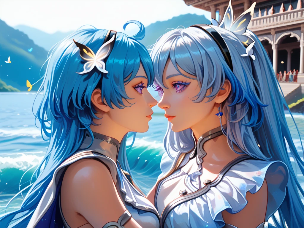 kiana kaslana (white comet), silver hair, very long hair, ponytail, ahoge, blue eyes, hairband, hair ornament,absurdly long hair,(masterpiece, best quality) detailed, 2girl,close,yuri, lovers ,temple,water,glowing blue butterfly,the shorekeeper (wuthering waves), blue dress,vail,purple eyes, colored eyelashes, blue hair, hair intakes,Kiana Kaslana,purple eyes, colored eyelashes, blue hair, hair intakes, medium hair 