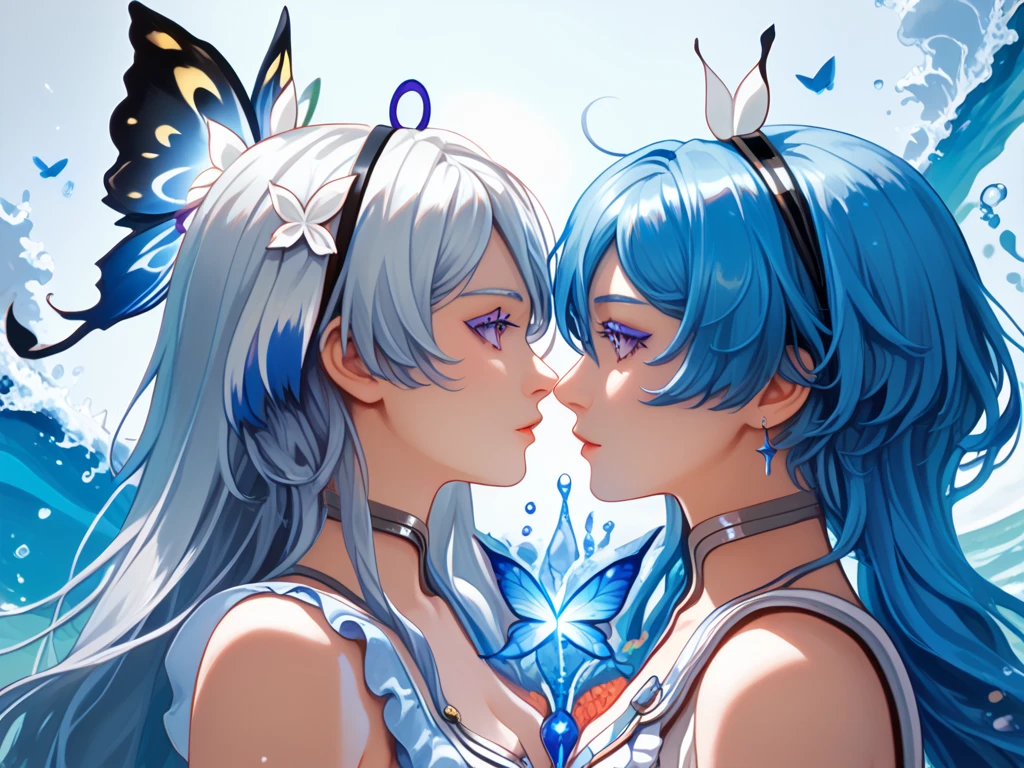 kiana kaslana (white comet), silver hair, very long hair, ponytail, ahoge, blue eyes, hairband, hair ornament,absurdly long hair,(masterpiece, best quality) detailed, 2girl,close,yuri, lovers ,temple,water,glowing blue butterfly,the shorekeeper (wuthering waves), blue dress,vail,purple eyes, colored eyelashes, blue hair, hair intakes,Kiana Kaslana,purple eyes, colored eyelashes, blue hair, hair intakes, medium hair 