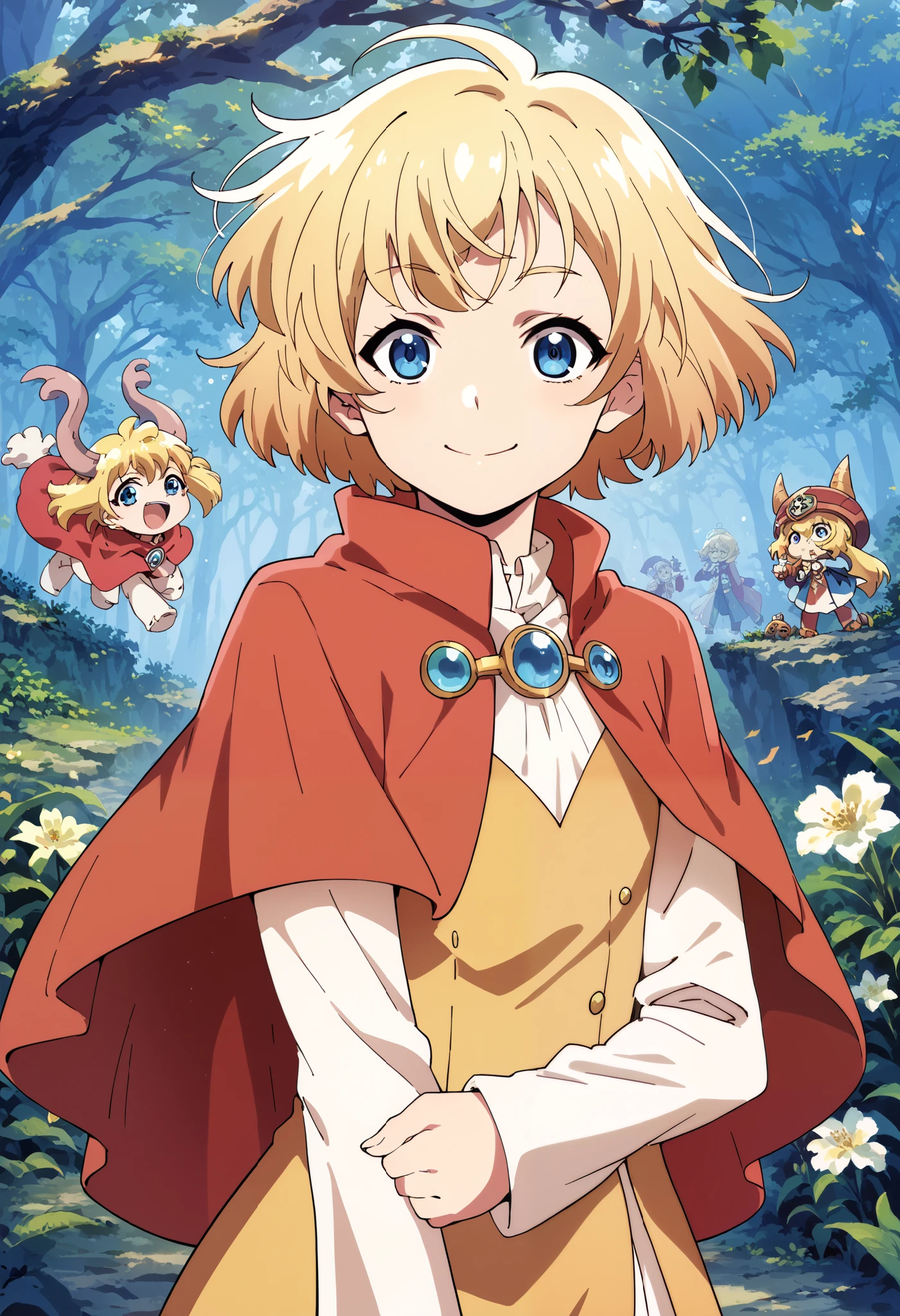 1 girl,  Blonde hair ,  Short Hair , Blue eyes, , Capelet, camisa blanca, vestiDo naranja,  long sleeves, ,   flat chest ,  session, , smile, Locos del Apocalypse theme