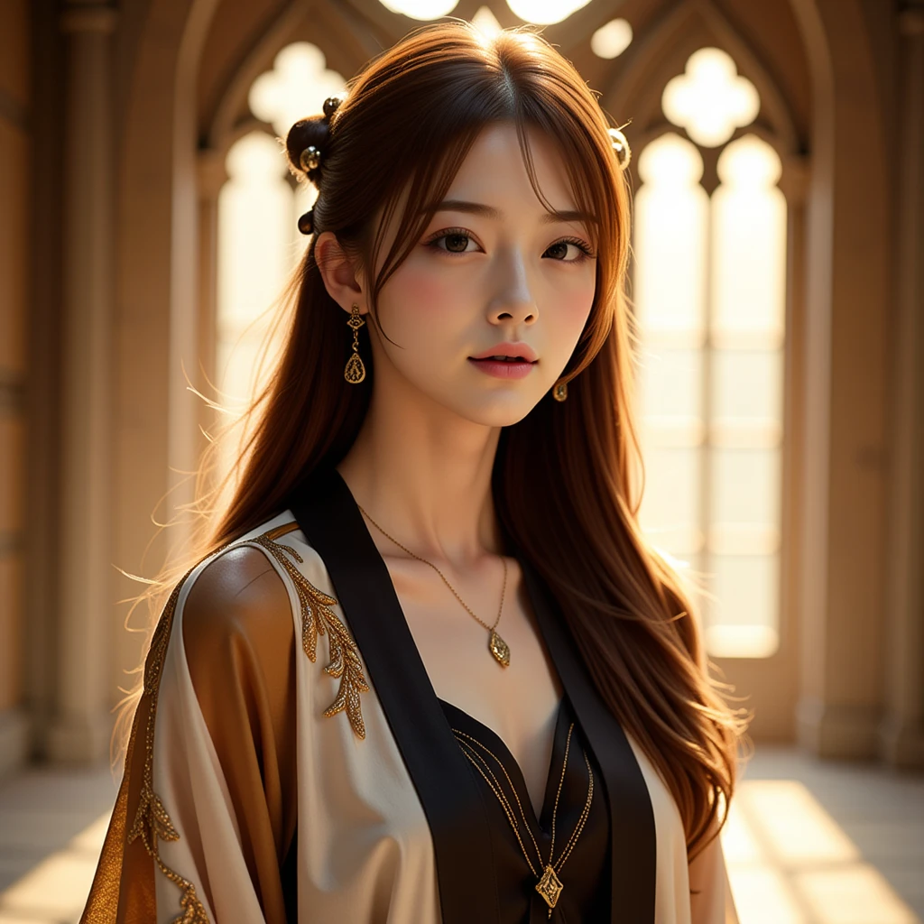 Subject: A young asian woman with an ethereal and regal presence, glowing under warm, golden light.
Hair: Dark, wavy hair cascading loosely around her shoulders, accentuated by golden hair accessories that shimmer with the light. The strands are styled to evoke an elegant yet natural flow.
Expression: Calm and poised, her gaze is direct yet soft, exuding confidence and mystique.
Outfit: A layered robe featuring a combination of light ivory and deep black fabrics. The outer layer has intricate golden embroidery, emphasizing a celestial and luxurious aesthetic.
Accessories: Fine, golden earrings with delicate designs that match her hair ornaments. A thin, golden chain necklace adds a touch of understated elegance.
Background: A softly lit environment with arched windows, evoking a cathedral-like or enchanted setting. The interplay of light and shadow creates a dreamy, almost magical ambiance.
Lighting: Warm, golden rays illuminate her silhouette, creating a halo-like effect. The soft glow emphasizes the textures of her outfit and the gentle blush on her cheeks.
Lighting: Natural, diffused light highlighting her soft features and the intricate details of the cardigan, adding depth to the overall scene.





