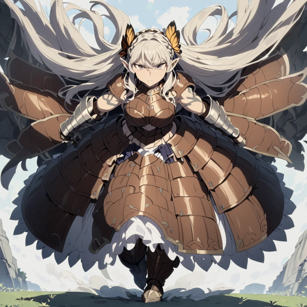 Anime, high detailed, 1 woman, mature woman, fairy woman, elf ears, extremely long alburn hair, tanned skin, curvy body, big Breasts, tribal armor, tribal warrior armor, ornamented headband, skirt, narrowed eyes, serious, butterfly's wings, furry boots, full body