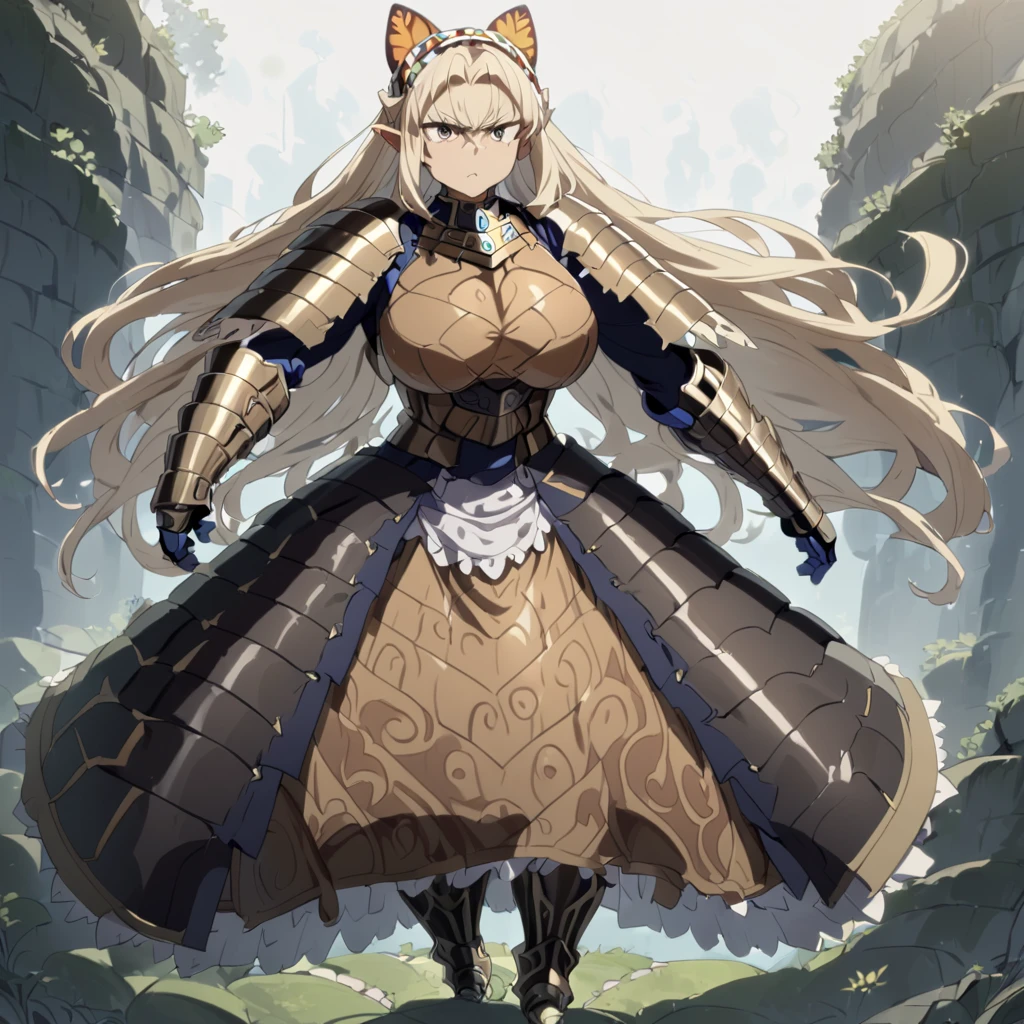 Anime, high detailed, 1 woman, mature woman, fairy woman, elf ears, extremely long alburn hair, tanned skin, curvy body, big Breasts, tribal armor, tribal warrior armor, ornamented headband, skirt, narrowed eyes, serious, butterfly's wings, furry boots, full body