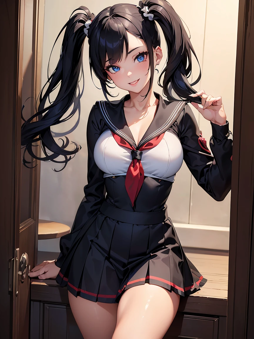 Laurence bedard, (highest quality, 4k, masterpiece :1.3), Beautiful woman, 1 girl, (chest, attractive body :1.2), jk:1.1, black hair: 1.1, twin tails, sailor suit, super detailed face, lip details, fine eyes, double eyelid, smile,