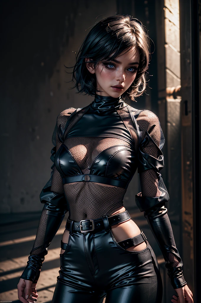 cowboy shot,a pretty 21 year old girl,back hair,short hair, hair over one eye,blue eyes,lora_Emma,skinny body type, (((very long sleeved black mesh shirt))),(covered torso),(very high-waist black ultra glossy and shiny latex pants),(belt),empty studio,(best quality,4k,8k,highres,masterpiece:1.2),ultra-detailed,(realistic,photorealistic,photo-realistic:1.37),dramatic lighting,cinematic,fashion photography,studio lighting,high contrast,vivid colors,beautiful detailed eyes,beautiful detailed lips,extremely detailed eyes and face,long eyelashes