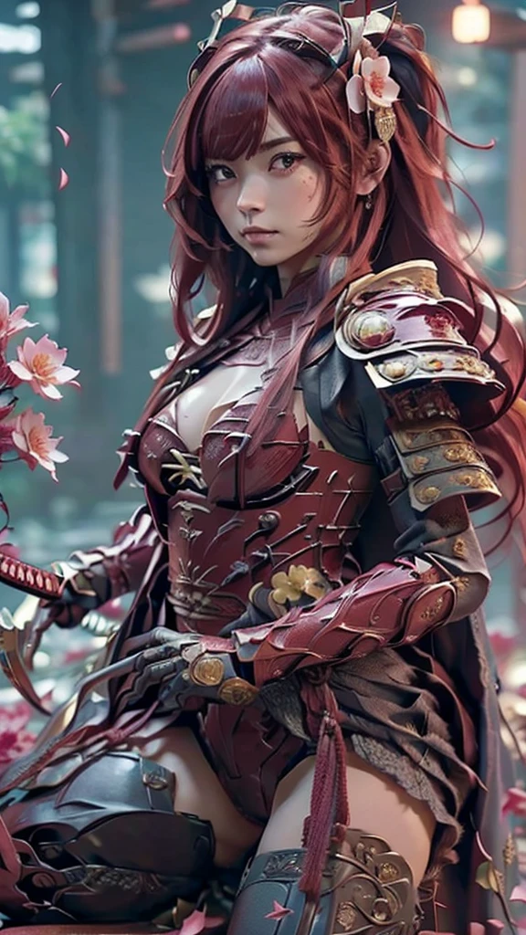 A sexy female character wearing red armor as a warrior from the Warring States period、((realistic))、((Medium long hair))、((Cherry red hair))、((toned body))、(glistening skin)、 tight body、((mega breasts 1.8))、 plump breasts 、 plump thighs 、 The red armor with the Satsuki flower pattern engraved on it is bikini type and is designed to accentuate chest exposure、( Wearing a cape with azalea flower pattern)、garter skirt、White shin guards engraved with azalea flowers、Red high-cut underwear、Red tights、 absolute domain、((reclining))、(holding katana)、Dramatic lighting、Brilliant sunrise、 on top of the hill、((Azalea flowers in full bloom are blooming in the background))、((Large azalea flowers in full bloom are blooming on the front))、 cinema-like scene 、((Background Japanese Satuki azalea)) 、((foreground Japanese Satuki azalea))、 Max Image、 Ultra High Definition、8k、masterpiece、crisp quality、