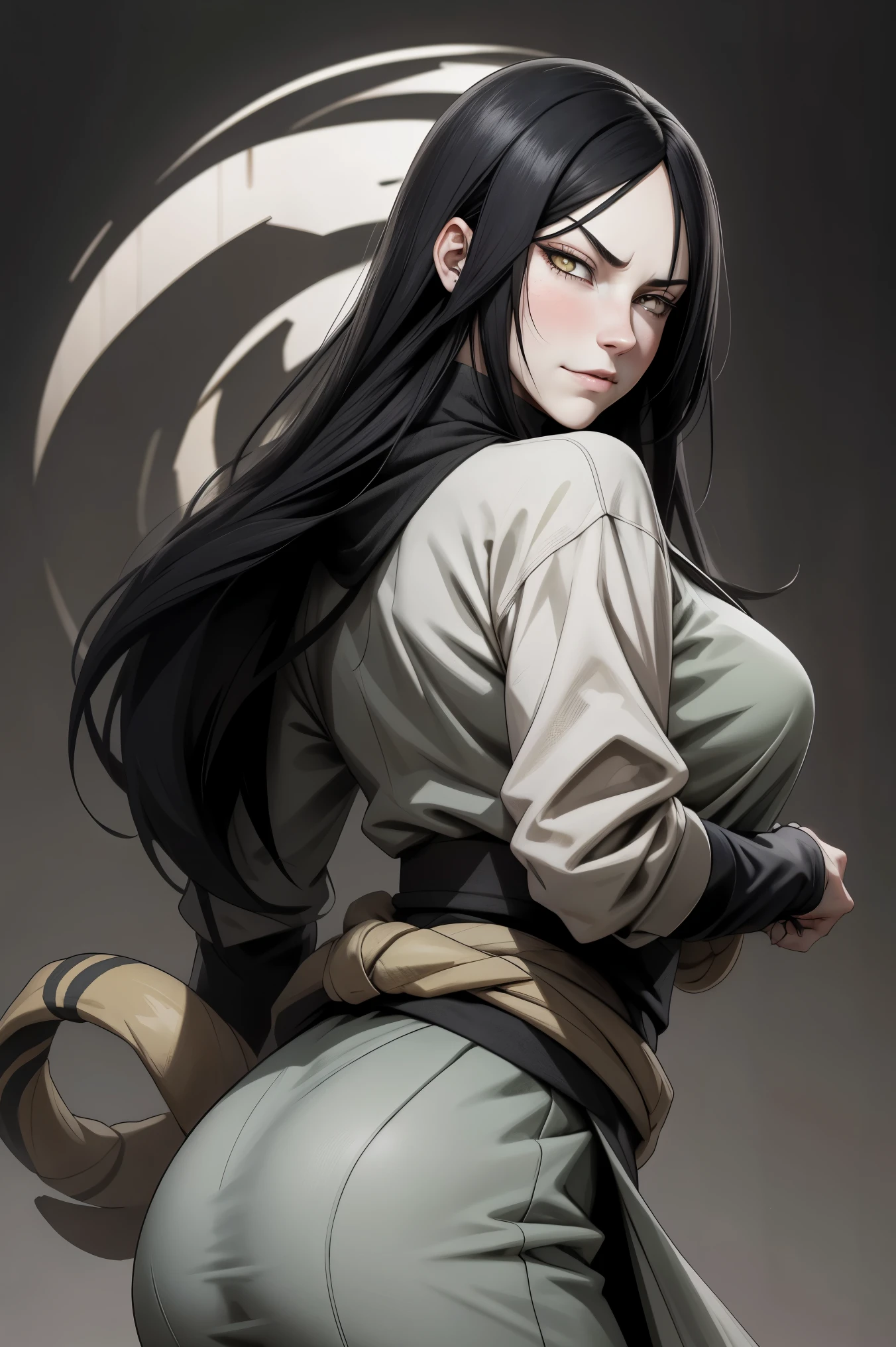 {-error_as well_anatomy:1.0} Anime style, шеas wellвр, Absurdities, Orochimaru\(Naruto\), 1as wellвушка одиночество,  mature woman , Oversized shirt with broad shoulas wellrs, perfect composition,  in detail lips,  big breasts,  a beautiful face , body proportions, blush, Long  black hair, (  black hair),  yellow eyes , ( sexy ), Soft gauze,  super realistic ,  in detail, photoshoot, Realistic faces and bodies, шеas wellвр,  top quality ,  best illustration , hyper as welltailed, 1 as wellвушка, One, glamorous, blushing, whole body, Struggle, на прироas well, back,  looking back, dynamic poses, large neckline in the sweater below the neck so you can see the chest