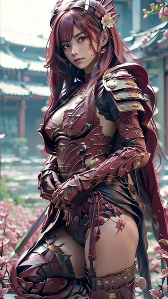 A sexy female character wearing red armor as a warrior from the Warring States period、((realistic))、((Medium long hair))、((Cherry red hair))、((toned body))、(glistening skin)、 tight body、((mega breasts 1.8))、 plump breasts 、 plump thighs 、 The red armor with the Satsuki flower pattern engraved on it is bikini type and is designed to accentuate chest exposure、( Wearing a cape with azalea flower pattern)、garter skirt、White shin guards engraved with azalea flowers、Red high-cut underwear、Red tights、 absolute domain、((all fours))、(holding katana)、Dramatic lighting、Brilliant sunrise、 on top of the hill、((Azalea flowers in full bloom are blooming in the background))、((Large azalea flowers in full bloom are blooming on the front))、 cinema-like scene 、((Background Japanese Satuki azalea)) 、((foreground Japanese Satuki azalea))、 Max Image、 Ultra High Definition、8k、masterpiece、crisp quality、