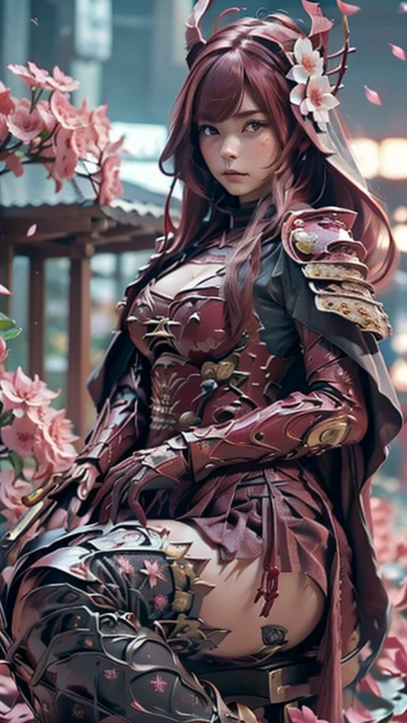 A sexy female character wearing red armor as a warrior from the Warring States period、((realistic))、((Medium long hair))、((Cherry red hair))、((toned body))、(glistening skin)、 tight body、((mega breasts 1.8))、 plump breasts 、 plump thighs 、 The red armor with the Satsuki flower pattern engraved on it is bikini type and is designed to accentuate chest exposure、( Wearing a cape with azalea flower pattern)、garter skirt、White shin guards engraved with azalea flowers、Red high-cut underwear、Red tights、 absolute domain、((all fours))、(holding katana)、Dramatic lighting、Brilliant sunrise、 on top of the hill、((Azalea flowers in full bloom are blooming in the background))、((Large azalea flowers in full bloom are blooming on the front))、 cinema-like scene 、((Background Japanese Satuki azalea)) 、((foreground Japanese Satuki azalea))、 Max Image、 Ultra High Definition、8k、masterpiece、crisp quality、