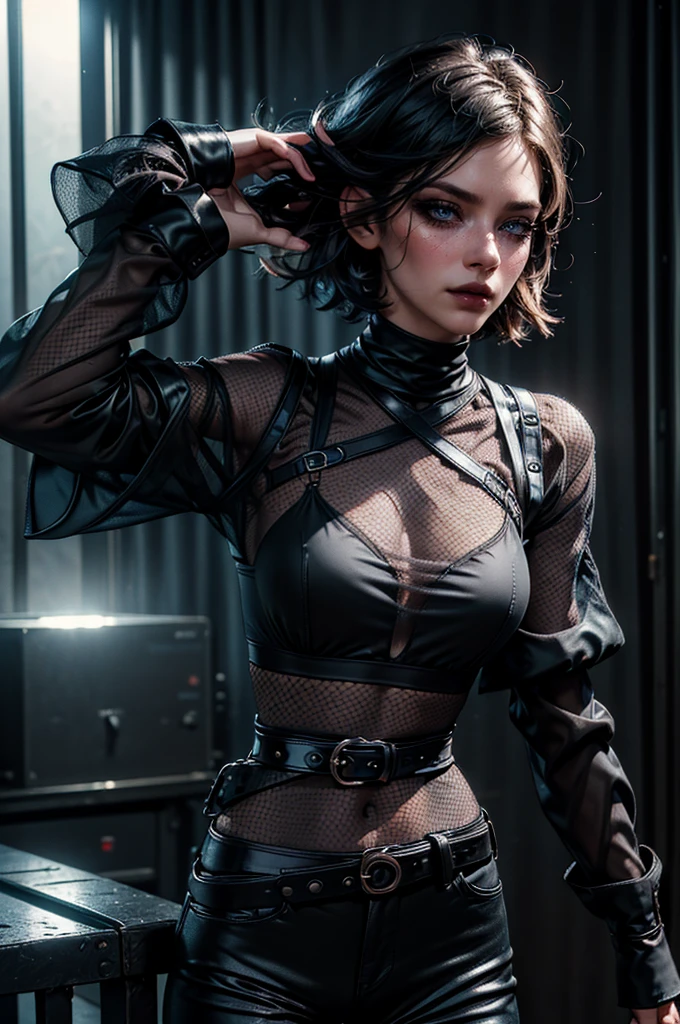 cowboy shot,a pretty 21 year old girl,back hair,short hair, hair over one eye,blue eyes,lora_Emma,skinny body type, (((very long sleeved black mesh shirt))),(covered torso),(very high-waist black ultra glossy and shiny latex pants),(belt),empty studio,(best quality,4k,8k,highres,masterpiece:1.2),ultra-detailed,(realistic,photorealistic,photo-realistic:1.37),dramatic lighting,cinematic,fashion photography,studio lighting,high contrast,vivid colors,beautiful detailed eyes,beautiful detailed lips,extremely detailed eyes and face,long eyelashes