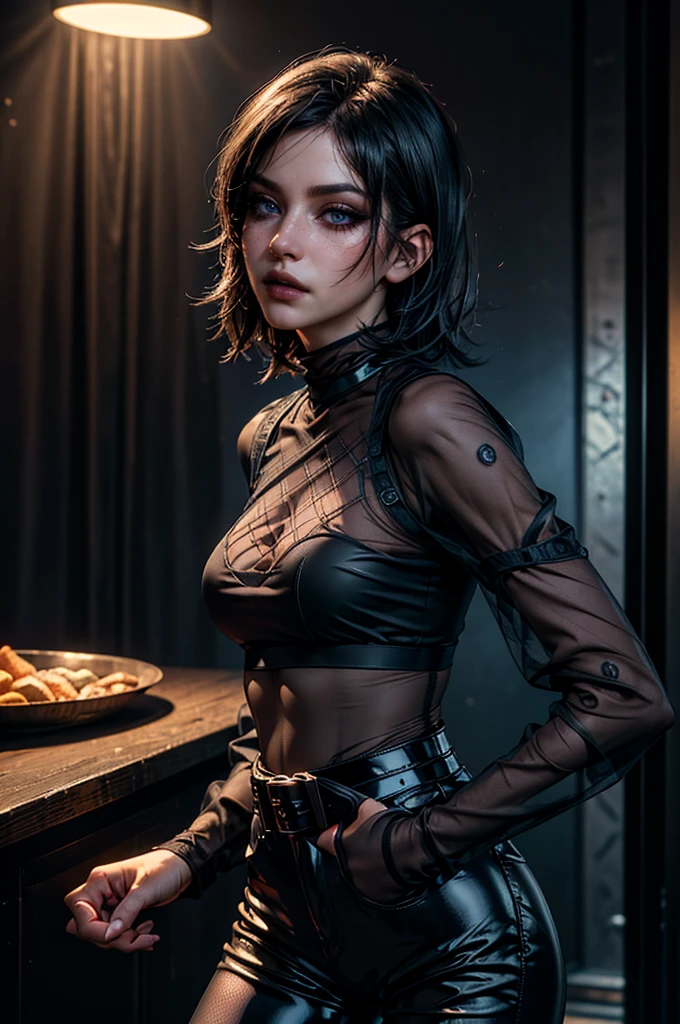 cowboy shot,a pretty 21 year old girl,back hair,short hair, hair over one eye,blue eyes,lora_Emma,skinny body type, (((very long sleeved black mesh shirt))),(covered torso),(very high-waist black ultra glossy and shiny latex pants),(belt),empty studio,(best quality,4k,8k,highres,masterpiece:1.2),ultra-detailed,(realistic,photorealistic,photo-realistic:1.37),dramatic lighting,cinematic,fashion photography,studio lighting,high contrast,vivid colors,beautiful detailed eyes,beautiful detailed lips,extremely detailed eyes and face,long eyelashes