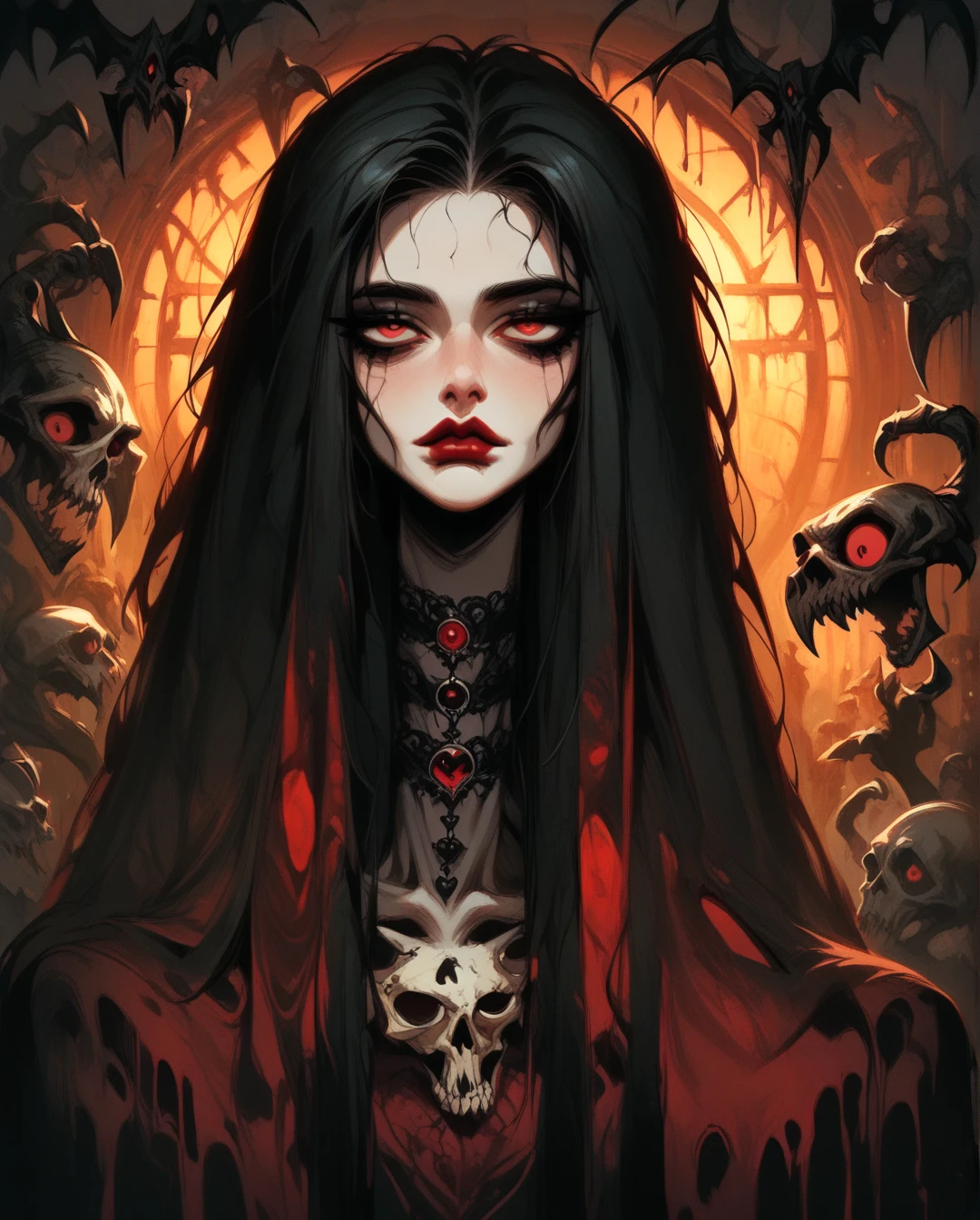  A full body ,  high-resolution anime-style of a melancholic woman (Detailed),thin face (defined eyes),He has a bird in his hands,  deep red lips , gothic fashion, skulls.  With dramatic lighting and dynamic composition . Light-dark 