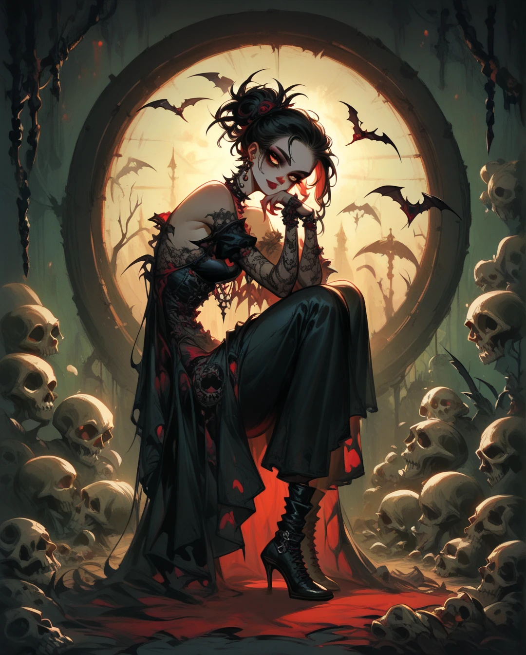  A full body ,  high-resolution anime-style of a melancholic woman (Detailed),thin face (defined eyes),He has a bird in his hands,  deep red lips , gothic fashion, skulls.  With dramatic lighting and dynamic composition . Light-dark 