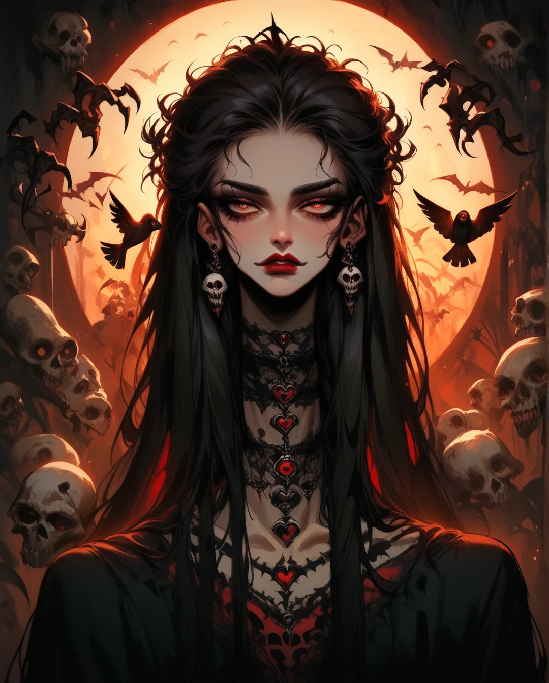  A full body ,  high-resolution anime-style of a melancholic woman (Detailed),thin face (defined eyes),He has a bird in his hands,  deep red lips , gothic fashion, skulls.  With dramatic lighting and dynamic composition . Light-dark 