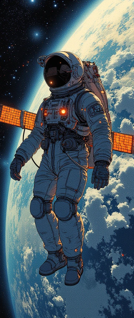 (masterpiece:1.3, best quality:1.3, 8k,  highres icon:1.3, good anatomy,  very detailed, top quality),  International Space Station, huge,  beautiful universe, 背景にhugeな地球:1.2