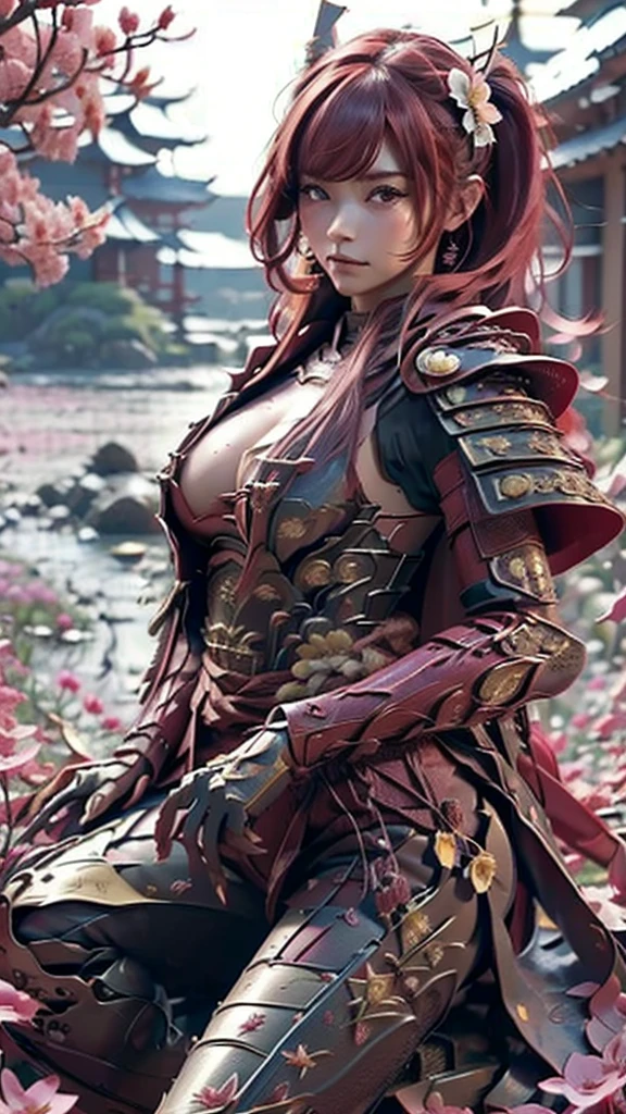 A sexy female character wearing red armor as a warrior from the Warring States period、((realistic))、((Medium long hair))、((Cherry red hair))、((toned body))、(glistening skin)、 tight body、((mega breasts 1.8))、 plump breasts 、 plump thighs 、 The red armor with the Satsuki flower pattern engraved on it is bikini type and is designed to accentuate chest exposure、( Wearing a cape with azalea flower pattern)、garter skirt、White shin guards engraved with azalea flowers、Red high-cut underwear、Red tights、 absolute domain、((lie on one’s back))、(holding katana)、Dramatic lighting、Brilliant sunrise、 on top of the hill、((Azalea flowers in full bloom are blooming in the background))、((Large azalea flowers in full bloom are blooming on the front))、 cinema-like scene 、((Background Japanese Satuki azalea)) 、((foreground Japanese Satuki azalea))、 Max Image、 Ultra High Definition、8k、masterpiece、crisp quality、