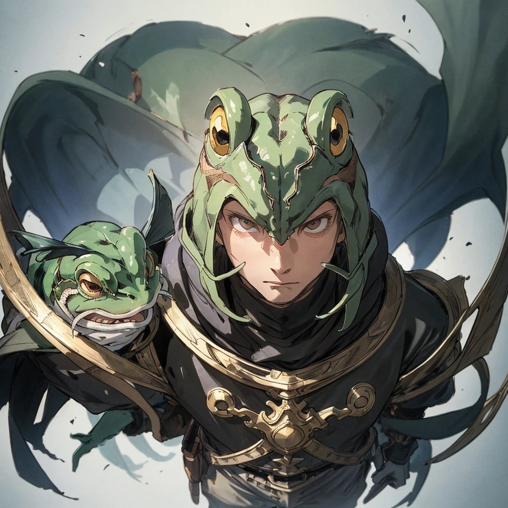   masterpiece ,  best quality , 1 boy,  masculine focus, Alone, Frog Head ,  looking at the viewer,  with your mouth shut,  Fantasy Aesthetics,   highly detailed  ,  shadowverse style ,  full body, black suit, Knight Wizard