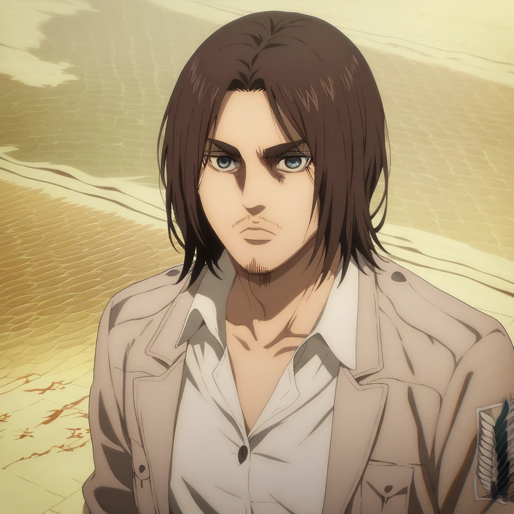 eren yeager s4, pretty facial , barba larga , On a thin beak, His eyes are grey, serious look,  dark brown hair ,  medium hair,  white shirt rolled up ,  anime style  , attack on titan, type of animation map.  full body, a single character,  HIGH QUALITY,  looking at the spectator , The beard is a lumberjack type,  white background,  male anime character,  Detailed anime character art 
