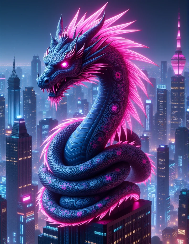 epirezumiworld, science fiction cyberpunk epirezumiworld serpentine dragon with neon pink glows on it's fur and and blue inner glow, coiled around a epirezumiworld sky scraper in a city with neon lights,