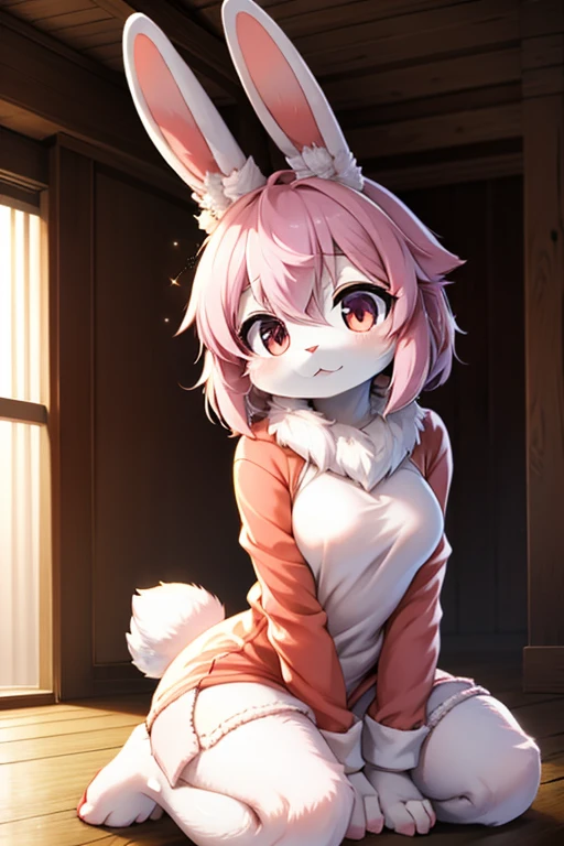 furry girl, young, rabbit, pink hair, emo hairstyle, long ponytail, anime style, flat chest, small breasts, red eyes, ((yellow hoodie jacket sleeveless, open clothes, pink bikini)), tavern, high quality, detailed body, detailed eyes, detailed face, masterpiece, glistening body, detailed body fur, best quality, one tone body fur, white body fur, skinny, :3, rabbit ears, looking at you, full body, feets whit three toes, sitting on chair, solo, 