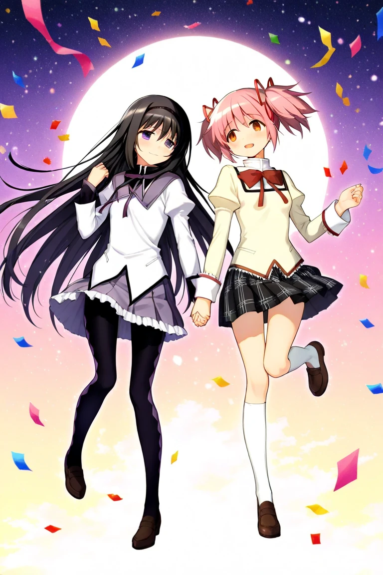 2girls,profile,full body,sad smile,tears,holding hands,multiple girls,
BREAK 1girl,Homura Akemi,magical girl,long hair,black hair,very long hair,purple eyes,hairband,black hairband,skirt,long sleeves,ribbon,neck ribbon,grey skirt,white shirt,grey sailor collar,
BREAK 1girl,kaname_madoka,pink hair,short hair,twintails,short twintails,pink eyes,ribbon,hair ribbon,bow,blush,mitakihara school uniform,school uniform,
BREAK confetti,BREAK masterpiece,best quality,ultra detailed,8k portrait,unity 8k wallpaper,super fine illustration