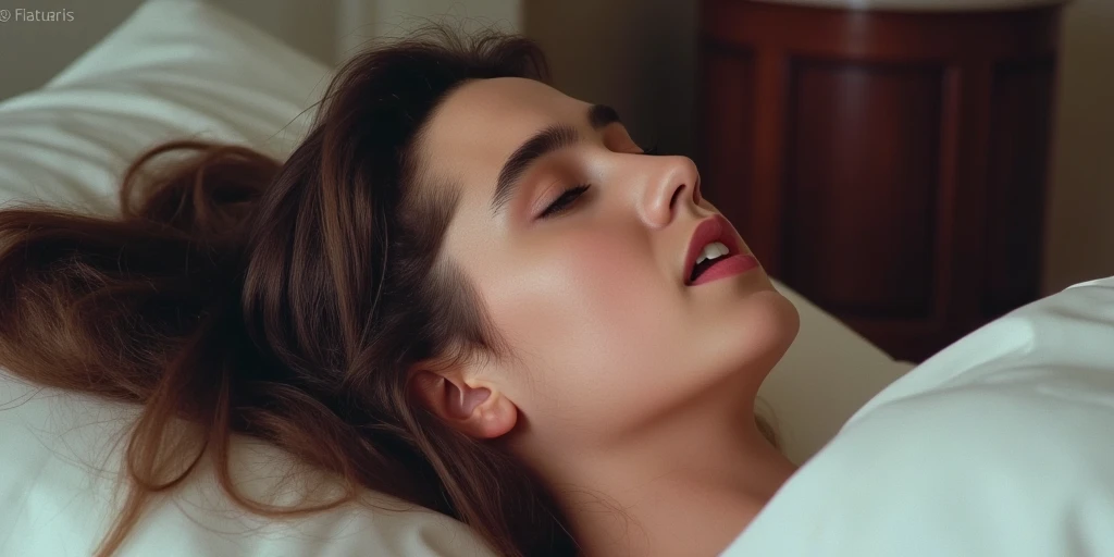 The image is a high-resolution photograph featuring a teenage girl Jennifer Connelly with youthfully succulent fair skin and long straight dark hair, emphasizing her striking natural beauty. , A vibrant close-up of Jennifer Connelly, a beautiful profile from the side, She might be naked, She lays on her back on the bed, natural light filtering through., with youthful, fresh, sweaty, fair skin, plump cheeks, clean, subtle makeup, gracefully arched nose, eyes closed, mouth open as if in ecstasy, which makes her face the focal point, The overall mood is serene and inviting, with the busty beautiful teenage girl Jennifer Connelly, closing her eyes and open her mouth as if in ecstasy., she shows a modest hint of pink lipstick., The overall mood of the photograph is of striking clarity yet sensual., modest brown eyebrows. She has a fair unblemished skin tone. Her large, modest brown hair that falls just past her shoulders, emphasizing the cuteness and youthfulness of her appearance., she is in a hotel room, subtle tensed atmosphere as like about to making love with someone, The overall tone of the image is somewhat sensual, and natural lips with glossy color, high resolution, accurate, many awards, high definition model, high quality, retina, textured skin, ultra high resolution, highly detailed, quality, high detail, detailed, best quality, masterpiece, 