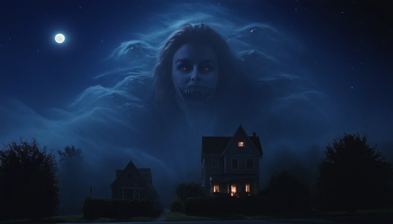 cinematic film still of  Amy Peterson, In the 1980's Vampire3 ghost creature Amy,Fog shaped ghost,ghost shaped fog,a creepy looking house with a scary big ghost face above in sky,blue night,outdoors,sky,teeth,tree,night,moon,sharp teeth,star (sky),night sky,scenery,full moon,starry sky,blue theme,giant , Horror themed, dark themed, Fright Night 1985 style, shallow depth of field, vignette, highly detailed, high budget, bokeh, cinemascope, moody, epic, gorgeous, film grain, grainy