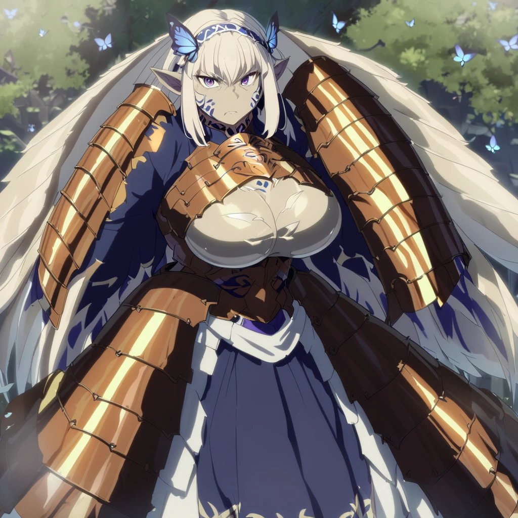 Anime, high detailed, 1 woman, mature woman, fairy woman, elf ears, extremely long alburn hair, tanned skin, curvy body, big Breasts, tribal armor, tribal warrior armor, ornamented headband, skirt, narrowed eyes, serious, butterfly's wings, furry boots, full body