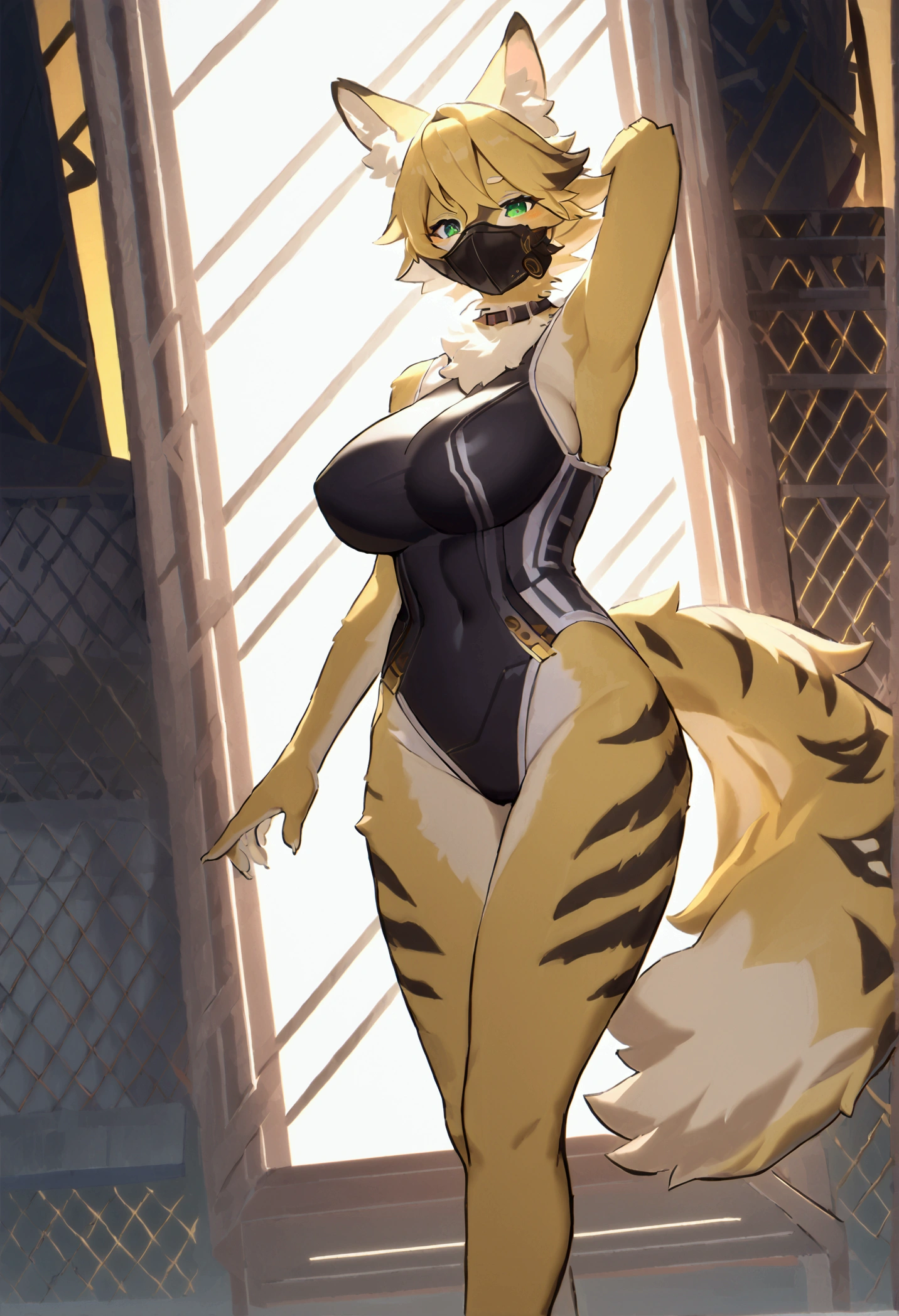 (top quality, best quality, High-quality illustrations, masterpiece, perfect artwork, cinematic light and shading, 16k, 1080p, uploaded on e621)(kemono, furry, anthro, alone), 1 larger female, (very detailed body, face, tail, arms, hands, legs, head and eyes), cat, Pulchra, (Zenless Zone Zero), yellow fur, fluff, striped body, big breasts, fluffy tails, perfect eyes, green eyes, black pupils, wearing a mask, beautiful summer one-piece swimsuit, beautiful night, body movement, body twitching, looking at viewer, full body portrait