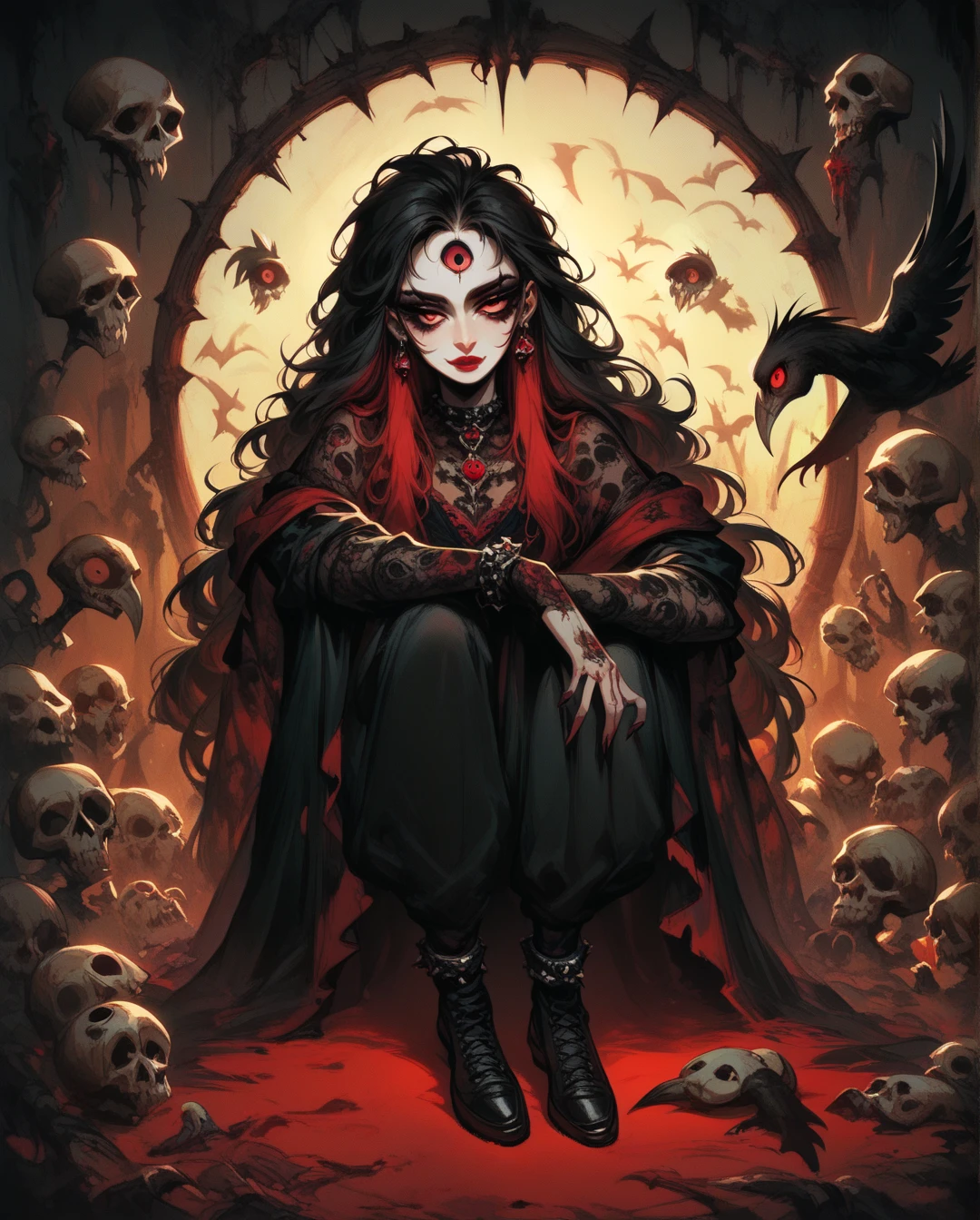  A full body ,  high-resolution anime-style of a melancholic woman (Detailed),thin face (defined eyes),He has a bird in his hands,  deep red lips , gothic fashion, skulls.  With dramatic lighting and dynamic composition . Light-dark 