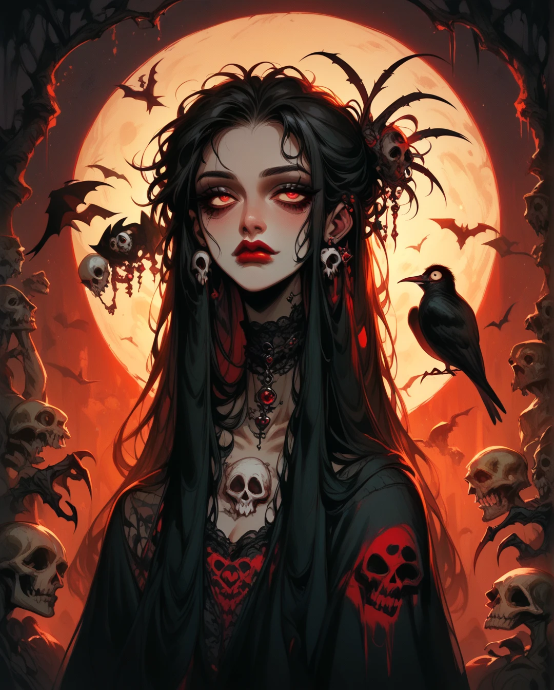  A full body ,  high-resolution anime-style of a melancholic woman (Detailed),thin face (defined eyes),He has a bird in his hands,  deep red lips , gothic fashion, skulls.  With dramatic lighting and dynamic composition . Light-dark 