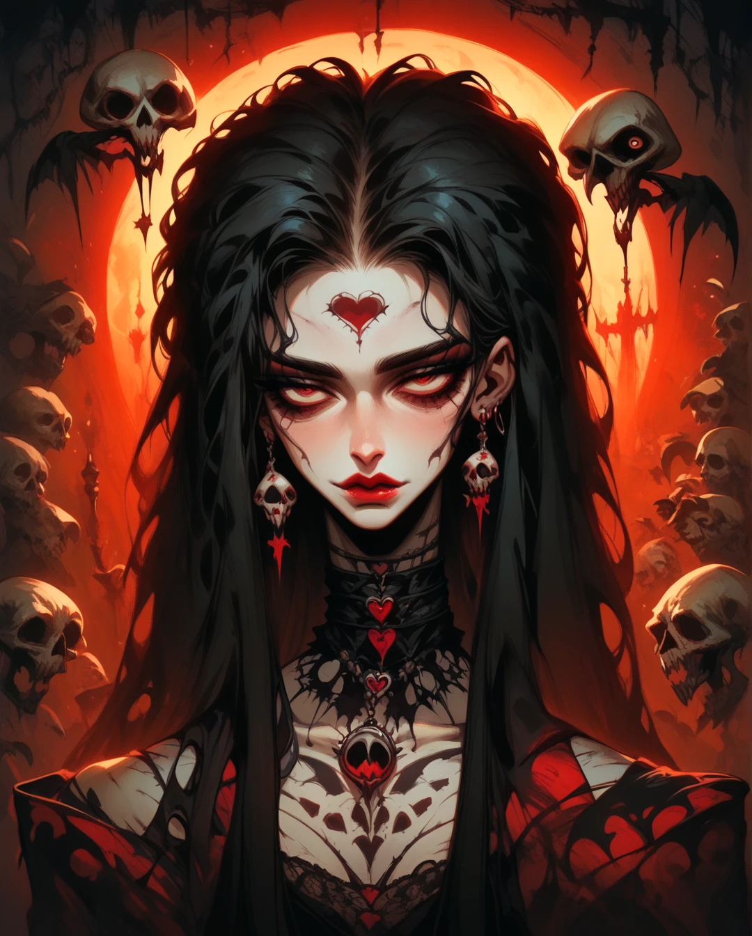  A full body ,  high-resolution anime-style of a melancholic woman (Detailed),thin face (defined eyes),He has a bird in his hands,  deep red lips , gothic fashion, skulls.  With dramatic lighting and dynamic composition . Light-dark 