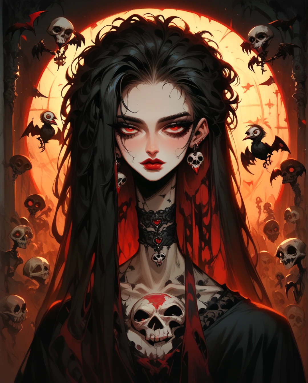  A full body ,  high-resolution anime-style of a melancholic woman (Detailed),thin face (defined eyes),He has a bird in his hands,  deep red lips , gothic fashion, skulls.  With dramatic lighting and dynamic composition . Light-dark 