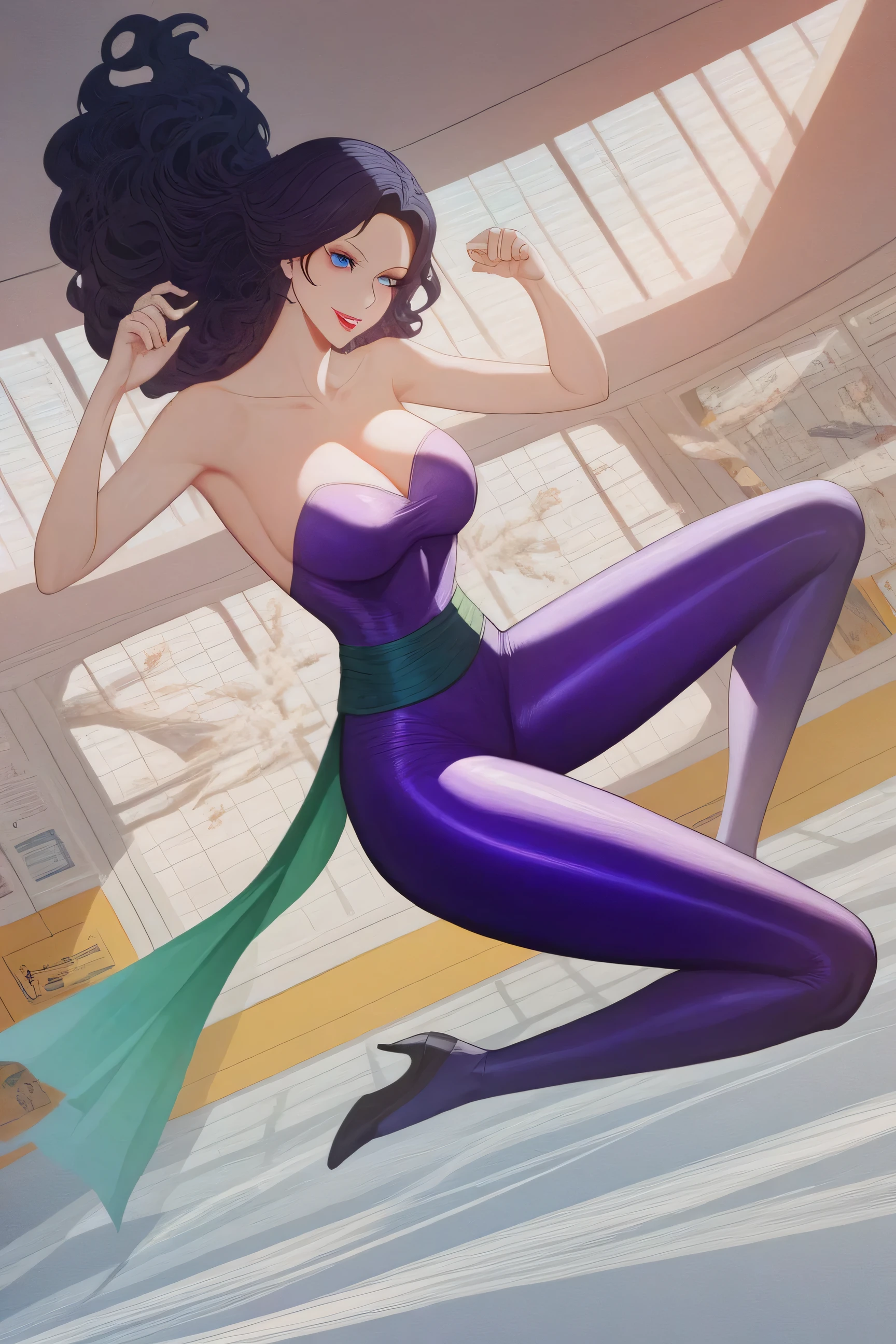 ((masterpiece)), best quality, highly detailed, absurdres, 8K, amazing, extremely detailed, fine detail, NSFW, (extremely intricate:1.2), (extremely delicate), highly detailed, 
RuiKisugi, 1woman, long hair, wavy hair, black hair, eyelashes, blue eyes, lipstick, purple bodysuit, strapless, sleeveless, green sash, 
1girl, (full body:1.2), (fighting_stance:1.3), extremely detailed face, nice detailed eyes, perfect eyes, seductive eyes, beautiful detailed eyes, Small mouth, seductive_smile, milf, mature female, nine-headed body, slender, makeup, big breasts, (museum:1.3), (ulzzang-6500-v1.1), 
detailed fingers, perfect hands, 
