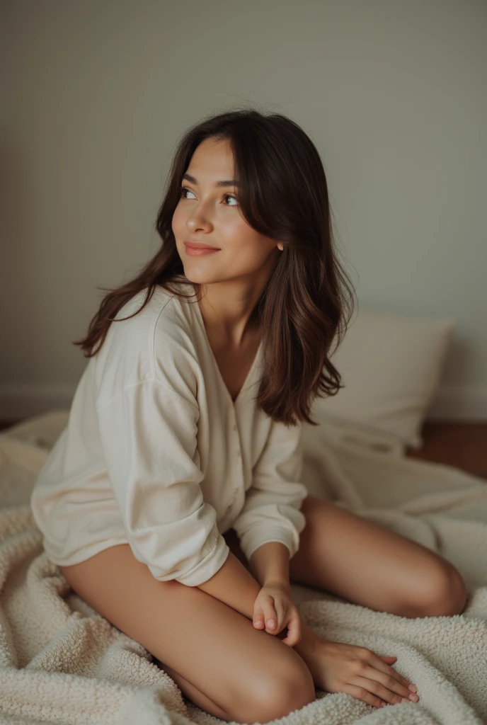 1girl,sitting on a cozy couch,crossing legs,soft light