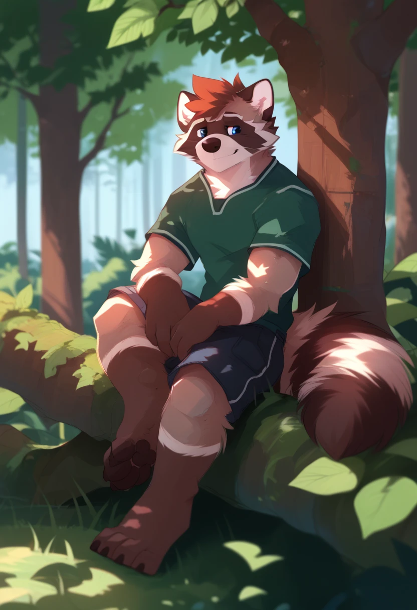 furry,bara,rabbit,The fur is black with white spots.,Blue Eyes,muscular,Sitting under the tree eating carrots,midday