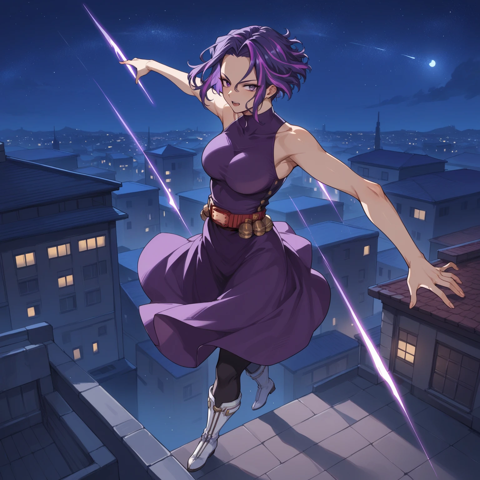 score_9,score_8_up,score_7_up,score_6_up, source_anime, woman, dynamic pose, dorsiflexion, short hair, purple hair, purple eyes, streaked hair, purple dress, sleeveless, red belt, black pants, white boots, night time, night sky, darkness, rooftop, modern city, from above,