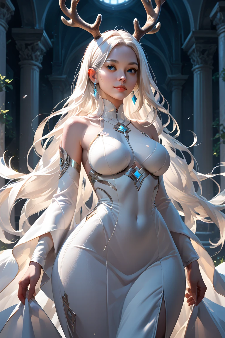 A woman with deer antlers, long white hair, blue eyes, white robes, full breasts and wide hips, goddess of purity, oval face