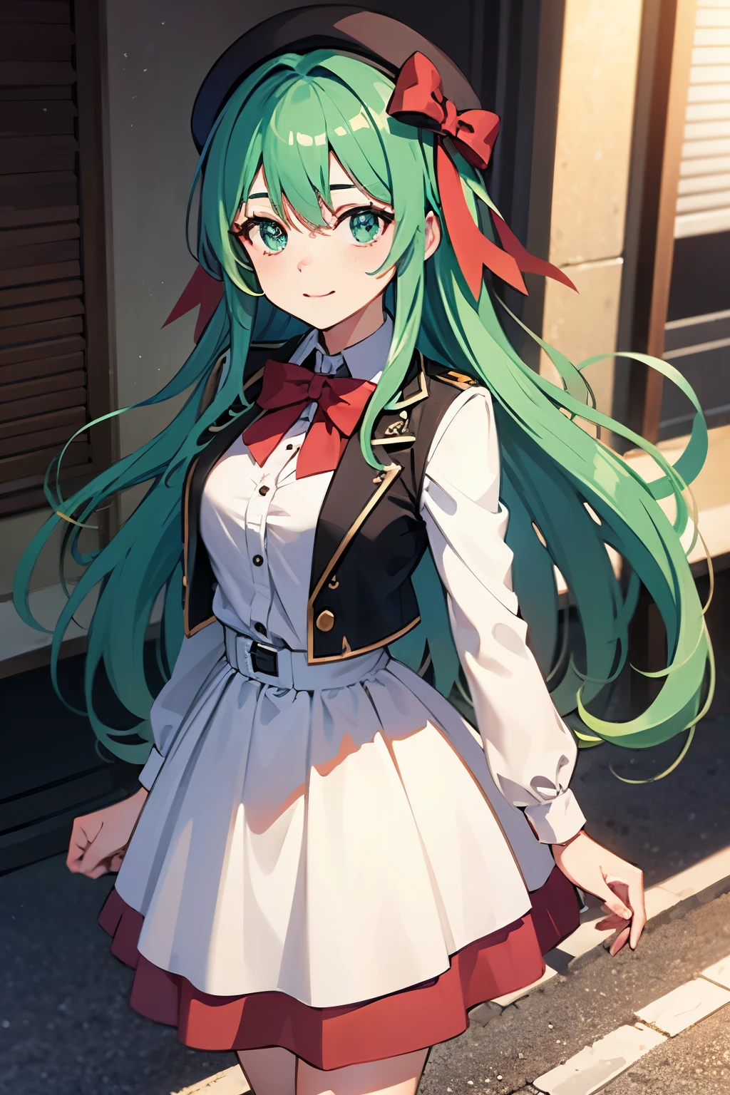 masterpiece, 8k wallpaper, best quality,Teenager, Anime, Long emerald green hair, Emerald green eyes, B-cup chest, Beautiful waist, 4k anime style, Smooth anime CG, 8k anime, Best quality, High resolution,  1girl, looking at the viewer, hand on hips, blue open jacket, beret hat, white dress, red bow tie, white shirt, solo, red short hair,