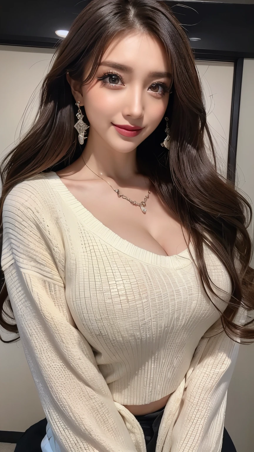 ( cowboy shooting、     top quality、8k、       award-winning works       、         super high resolution)、       beautiful woman、(     Black sweater     , Sexy cleavage:1.1)、Perfect big breasts、( blonde alone      :1.1)、     beautiful skin that shines with bright,  glossy lipstick 、 a lot of people stand out with clear images    、     bright color contacts       、Perfect gal makeup、    Perfect for an adorable companion 、The sleeve is torn    、(  Dark makeup for women      :1.2)、(             dark brown beige around the eyes             :1.1)、             Beautiful Bright Eye Shadow             、       dark sexy makeup around the eyes       、(Big Breasts:1.2)、       super long wavy hair       、(Romantic affection:1.1)、 amazing adult sex appeal The best smile he has when he sees me      、(       there are many people that accentuate body lines     ..:1.1)、(Strongly blurred、       a   。:1.1)、(  The image is clear 、      jacket    :1.1)、       accurate anatomy、       ultra HD hair、(         super high resolutionの完璧な美しい歯:1.1)、Ultra HD beautiful face   、       ultra HD hair、  crystal clear bang 、Ultra HD Shining Eyes、輝く         super high resolutionの美肌、         super high resolutionの艶やかな唇、       Harry Winston necklace       