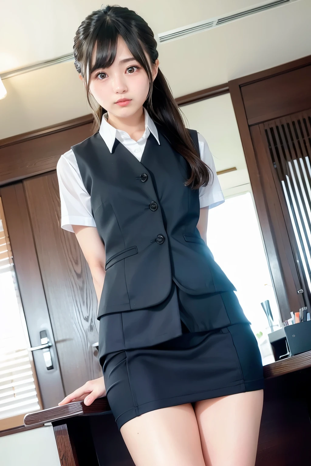 8K, RAW Portrait,masterpiece、Photorealistic、Realistic, Ultra-high resolution, Highest quality, Real Life Photos ,((((1 women)))), (((showing off their panties In the room)))、(Cute face)、((office worker))、((suit))、((straight skirt)), Long Hair,Slender body,big and beautiful fine eyes, Black Hair,(Written boundary depth)、 ((Dark brown eyes))、(Real skin texture)、(Immersive atmosphere、Chiaroscuro) 、(Look Viewer)、((Embarrassing))、((Red cheeks))、((From below))、(smile)、((She's wearing tiny silk panties))、((Panty shot))、((A woman rolling up her skirt)),((Panties close up)),The most beautiful woman in the world、((Spread your legs out to the side))