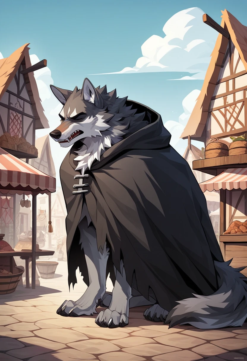 Gray furry wolf, 2,5 tall, medianly muscular, using/wearing, many black ripped and worn rags, and other black type of rags, in a town, the best quality, HD, 2K, wooden market, trying to hide in her rags, trying to cover hims face, warm atmosphere, using a large layer that covers hims face and body. Wearing a dark cloak that covers him completely, slightly hunched over