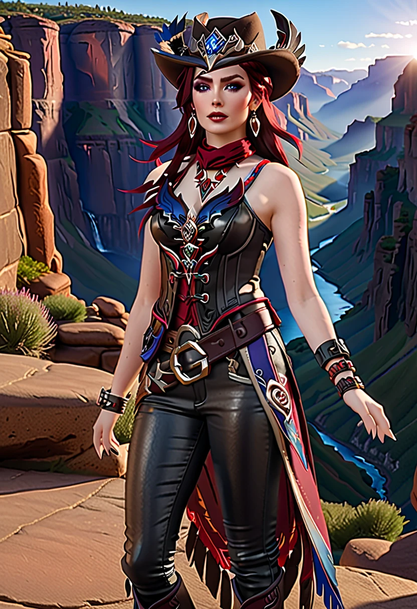 A tall woman in realistic portrait of high quality and detail, full-length photo, european, Chasca (Genshin Impact), Dark red hair reaching to the middle of the back, and bright blue eyes. The bangs have a purple tint at the tips and completely cover the left eye. If you look closely, you will notice a small pigtail on the right side of the head. a short sleeveless top with a cutout at the bottom, black leggings of different lengths, high-heeled boots and a red scarf around the neck. Her image is completed by a brown belt with a massive buckle, a hat with feathers, a gold earring in her right ear and fingerless gloves, pointed ears. movie style, dark fantasy, dark atmosphere, happy look, glow, eye shadow, 1girl, Depth & Perspective, fine face, She stands on the stone, outdoors, canyons on background, evening time, looking at viewer, (ultra-high detail:1.2), Masterpiece, Best Quality, Ultra-detailed