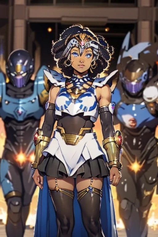 Half body shot of black woman surrounded by glittering bursting mirror glass particles, dressed in african designed attire, her image partially blurry, blue eyes and curly hair, skirt,  battle suits,   gauntlet 
