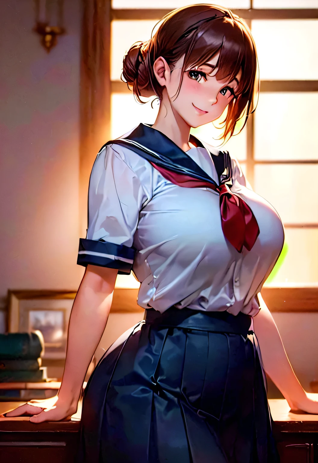 A wife，Single ponytail on the side，Black-brown hair，There is a mole under the left eye，Big breasts，full stature，slightly fat big breasts，Wearing a blue and white sailor suit，Black ultra-short pleated skirt，Room bed，Masturbation，And the shape of the female genital organs is clearly visible，There are deep lip prints on the panties，Not wearing Bra，The body is wet，Sweat，orgasmc，Desire for dissatisfaction，Sperm outflow，Bare legged