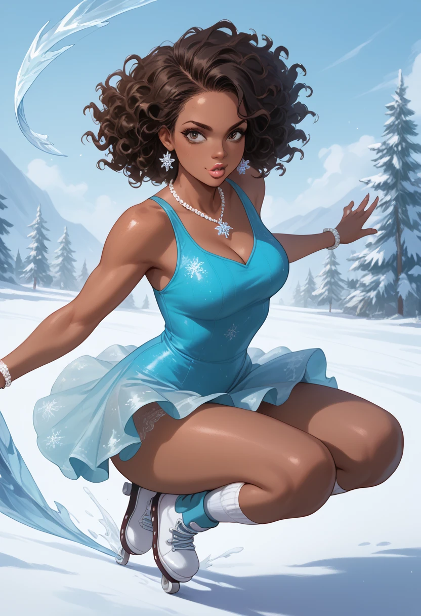 Almond-eyed Dark Mocha-skin tonned African-American woman with SHORT dark curly hair, juicy lips, and a large chest. She is looking seductively  , she is wearing a sweater dress and ice skates. she is ice skating on a ice rink