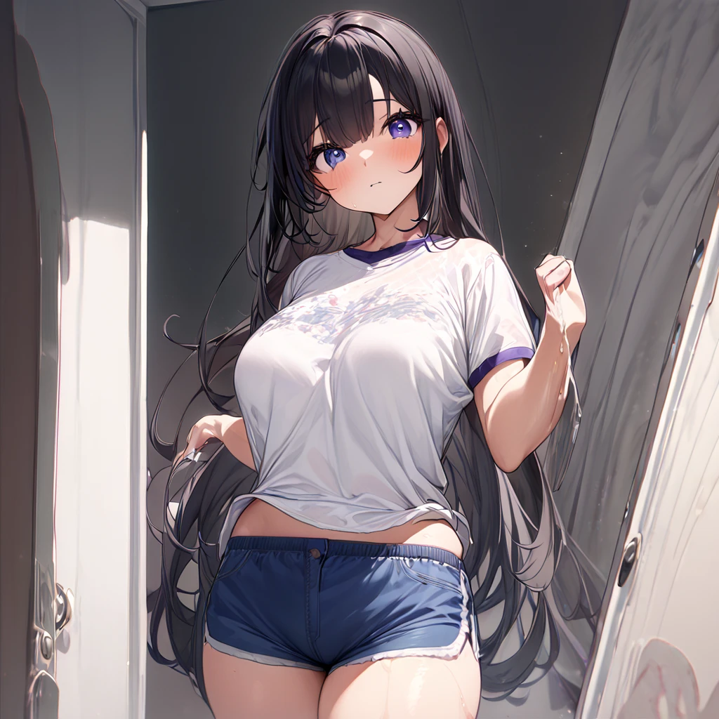 Anime, high detailed, Kashino, big bosom, curvy beauty body, shy smile, short T-shirt, short shorts, a bottle of shampoo inside the waistband of her shorts ((the shampoo bottle is hidden inside the waistband of her shorts)), bottle of shampoo is inside her shorts, in a bedroom, looking at the viewer 