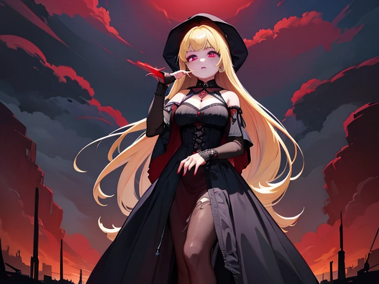 Evang. (best quality, 4k, 8k, high resolution, masterpiece:1.2), Super detailed, (actual, photoactual, photo-actual:1.37), full length pose, young female vampire, (((perfect face))), very deep cleavage, long pointed fangs, bright red lips, bright blue eyes, very pale complexion, dark eye makeup, unbelievably long grey-blonde hair blowing in the wind, head slightly raised, sniffing, (((perfect hands))), hands raised in front of her as if to claw at something, long sharp scarlet fingernails, long black flowing cloak with scarlet lining and a hood, deep cleavage, goth style lacy long dress, standing in the shadows, she is hunting for prey, very dark steampunk city background with steampunk style train, night view, Mysterious moonlight, hint of blood red, Gloomy and mysterious, Palette: deep black and rich purple, dramatic lighting, Ethereal and supernatural beings, photorealistic

